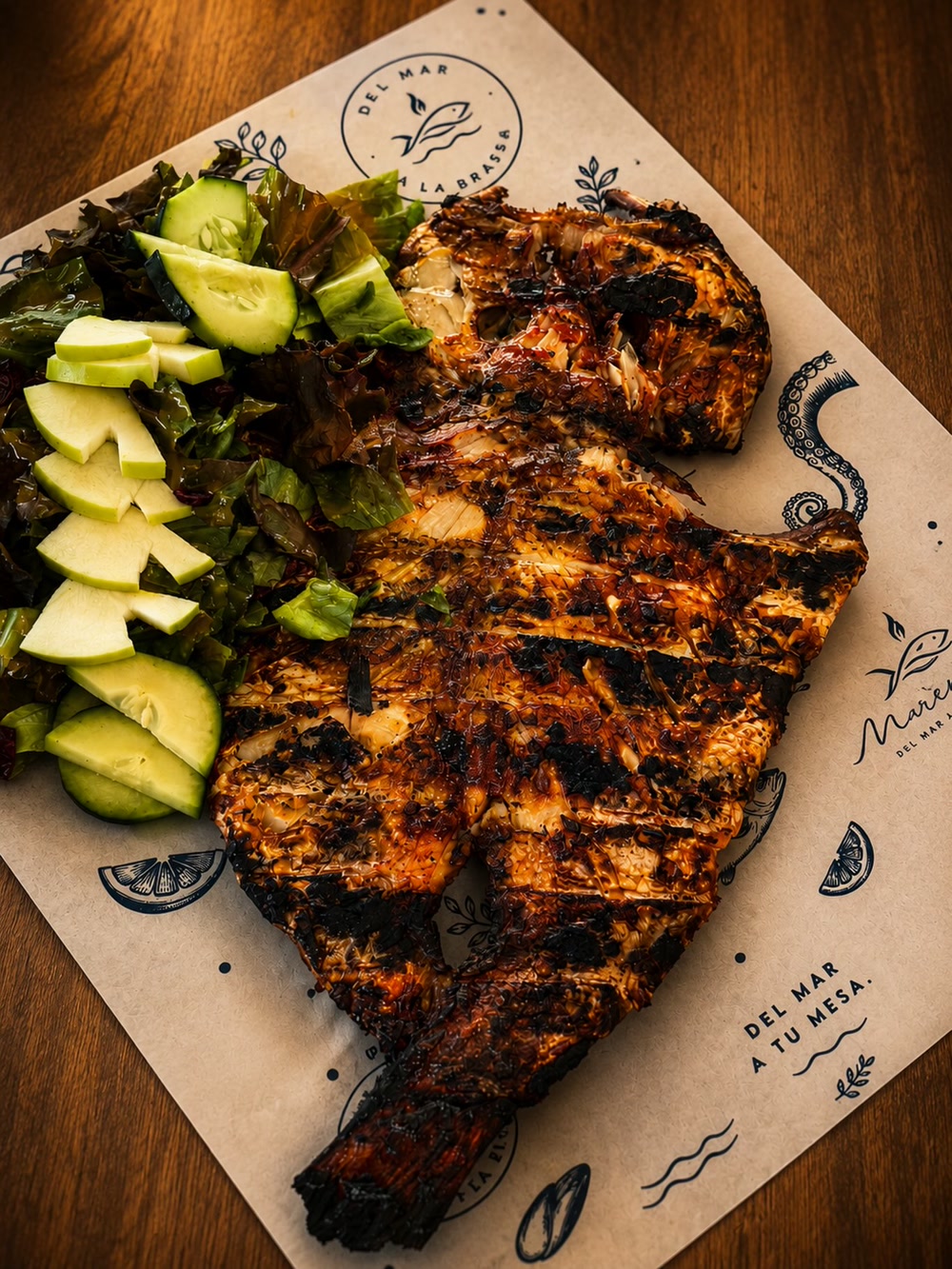 Pescado entero abierto y asado a la brasa, servido sobre el papel de marca de Marena con ensalada de manzana verde y pepino.