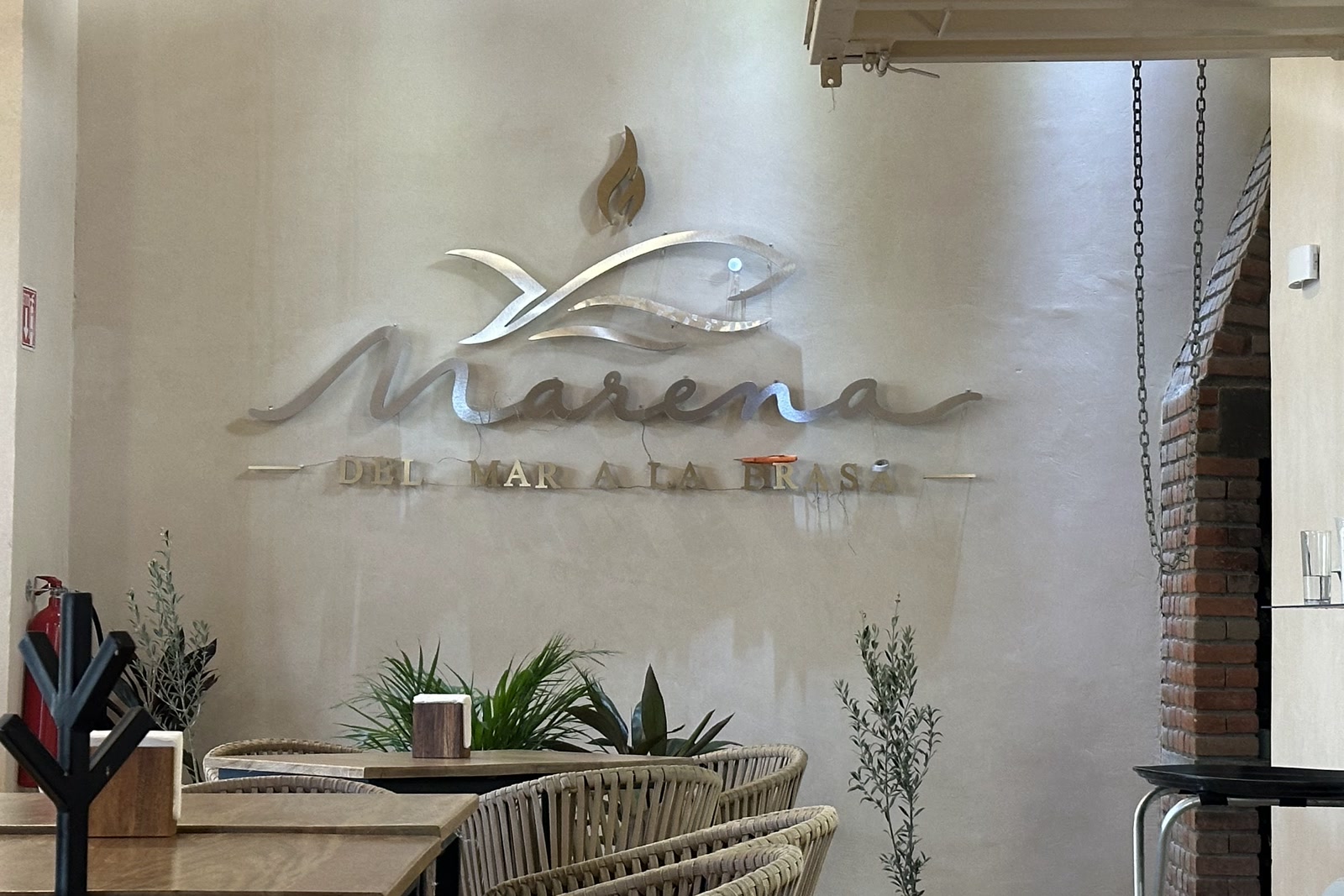 El logotipo de Marena en relieve sobre el muro claro, con plantas colgantes y mesas de rattan.